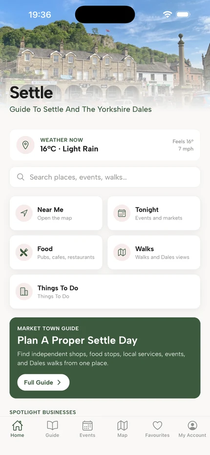 Pocket Guides Settle app screenshot showing the home screen.